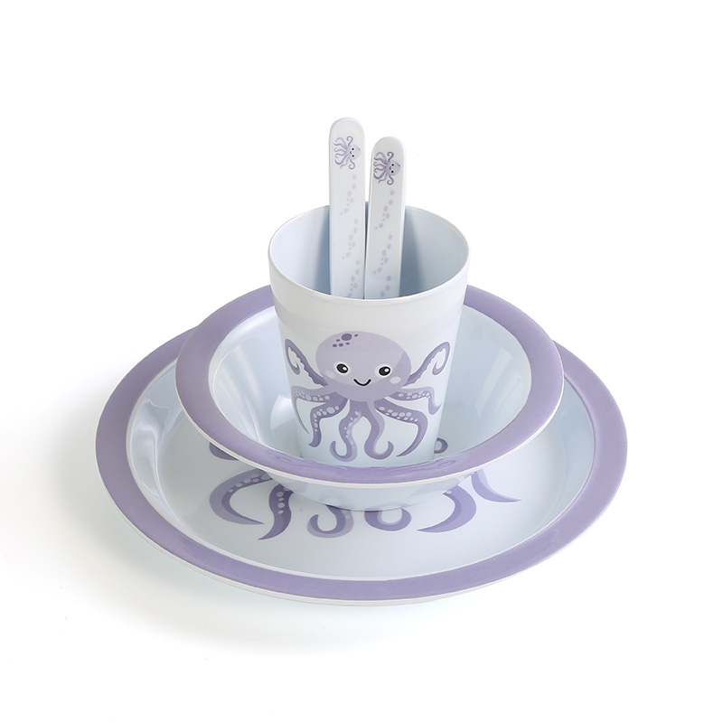 Cartoon Pattern Round Melamine Kids Tableware with Fork and Spoon